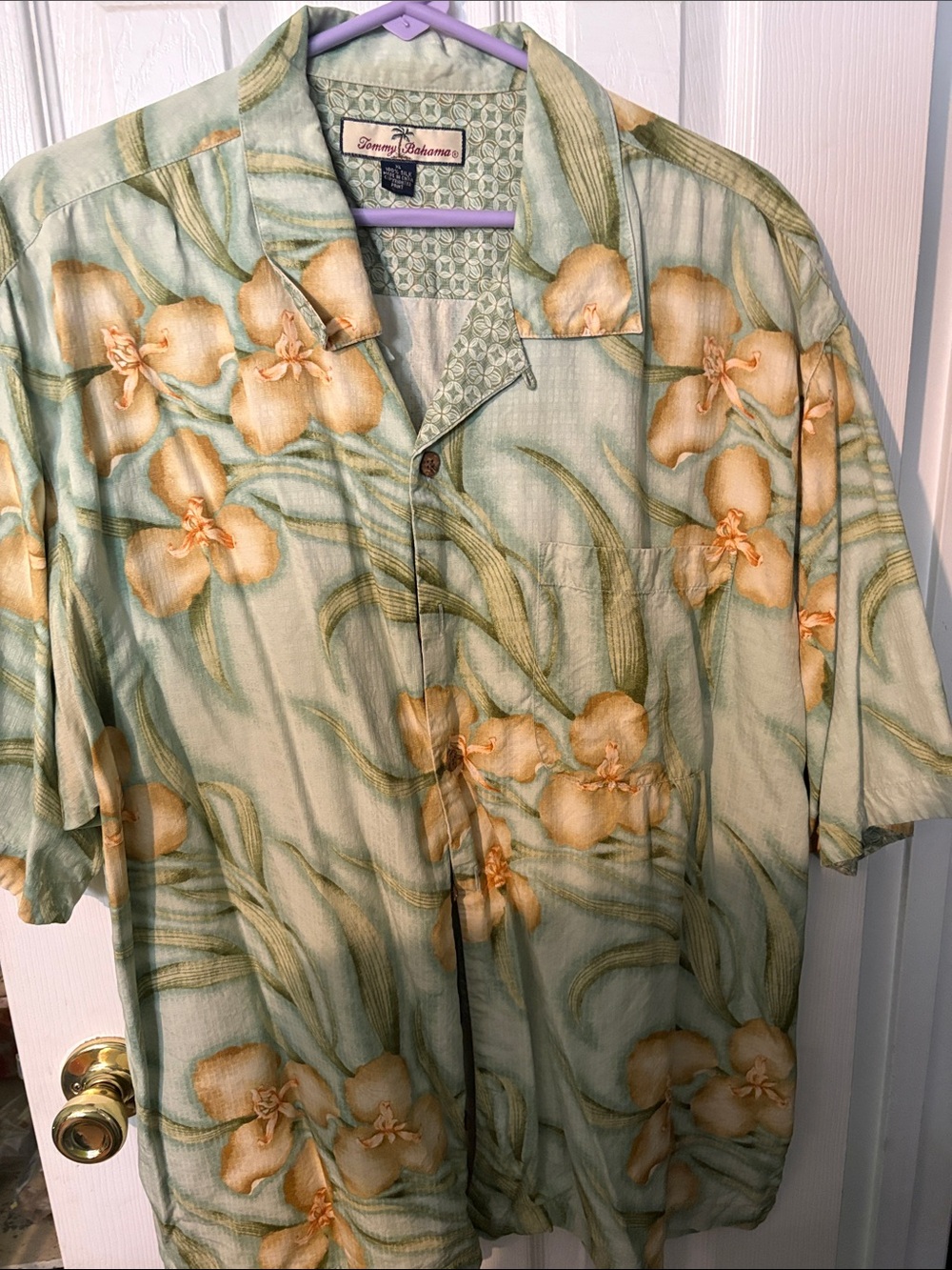 Tommy Bahama Light Green Hawaiian Floral Camp Shirt with Yellow Blossoms